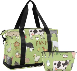 Farm Rooster Milk Cow Donkey Pig Sheep Cat Dog Rabbit on Green Gym Duffel Bag, Polyester Travel Weekender Luggage Handbag with Waterproof Pocket for Wet Items, Unisex Foldable Tote for Sports