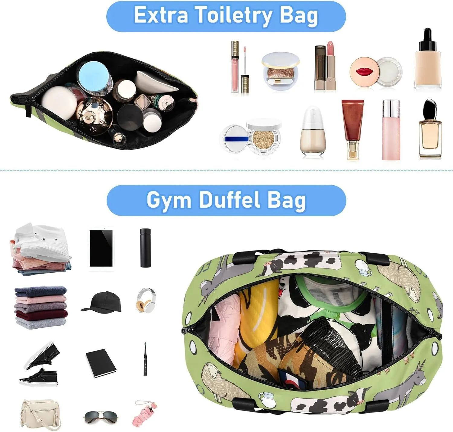 Farm Rooster Milk Cow Donkey Pig Sheep Cat Dog Rabbit on Green Gym Duffel Bag, Polyester Travel Weekender Luggage Handbag with Waterproof Pocket for Wet Items, Unisex Foldable Tote for Sports
