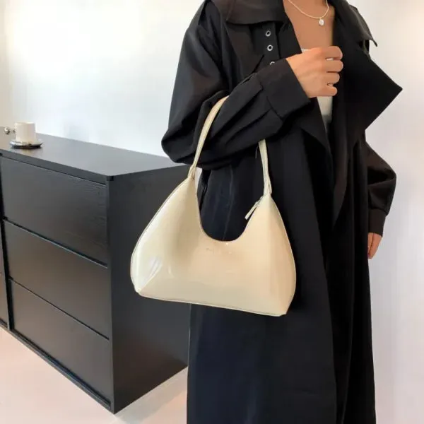 Fashionable Shoulder Bags for Women – Designer Solid Color Patent Leather Crescent Handbag