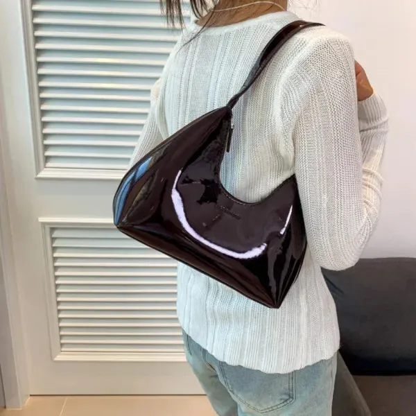 Fashionable Shoulder Bags for Women – Designer Solid Color Patent Leather Crescent Handbag