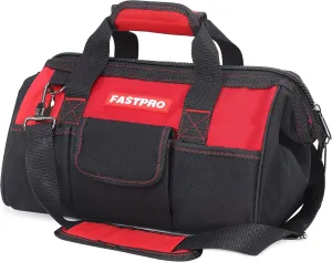 FASTPRO 14-Inch Zip-top Wide Mouth Open Storage Tool Bag, Classic Black&Red Design, Fashionable Design, 600D Polyester Fabric Material for Quality Endurance, With Adjustable Shoulder Strap