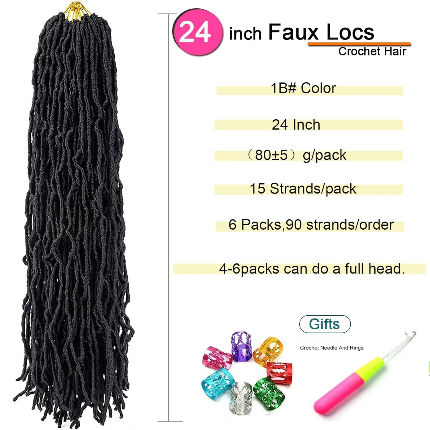 Faux Locs Crochet Hair,24 Inch 6 Packs Soft Locs Crochet Hair,Pre Looped Goddess Faix Locs For Black Women,Pretwisted Wavy Synthetic Locs Crochet Braids (24in,1B#)