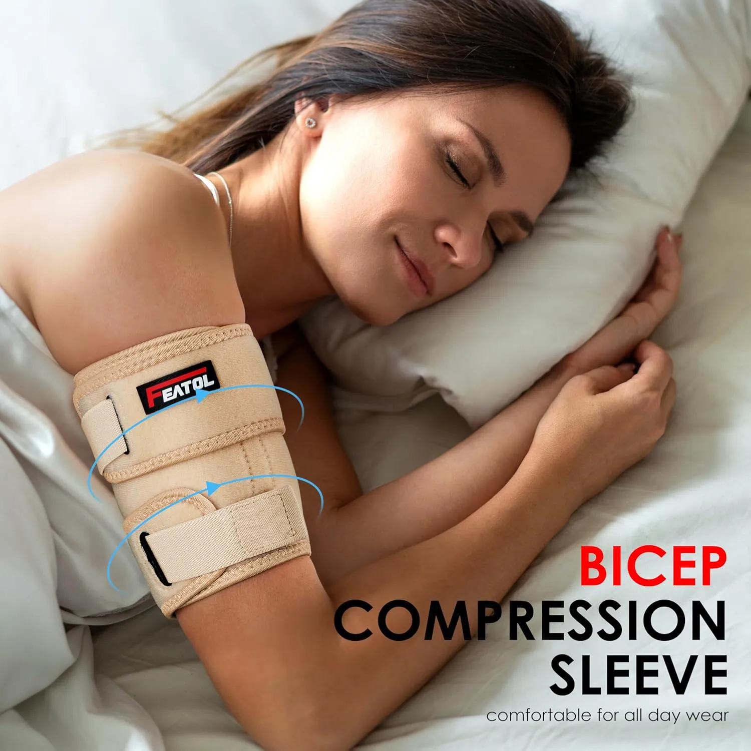 FEATOL Bicep Tendonitis Brace with 2 Gel Ice Packs, Upper Arm Brace Tricep Compression Sleeve Support Hot & Cold Therapy for Men and Women, Pain Relief for Muscle Strains,Inflammation (Beige with 2 ice packs, M（10“-12”）)