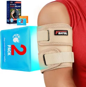FEATOL Bicep Tendonitis Brace with 2 Gel Ice Packs, Upper Arm Brace Tricep Compression Sleeve Support Hot & Cold Therapy for Men and Women, Pain Relief for Muscle Strains,Inflammation (Beige with 2 ice packs, M（10“-12”）)