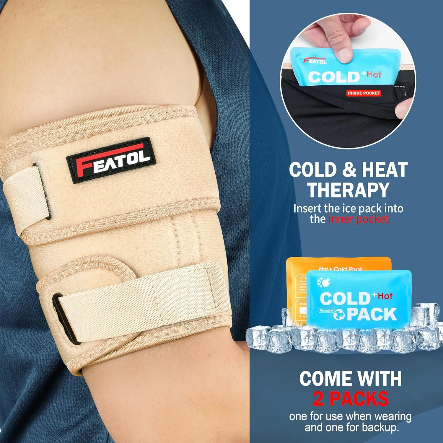 FEATOL Bicep Tendonitis Brace with 2 Gel Ice Packs, Upper Arm Brace Tricep Compression Sleeve Support Hot & Cold Therapy for Men and Women, Pain Relief for Muscle Strains,Inflammation (Beige with 2 ice packs, M（10“-12”）)