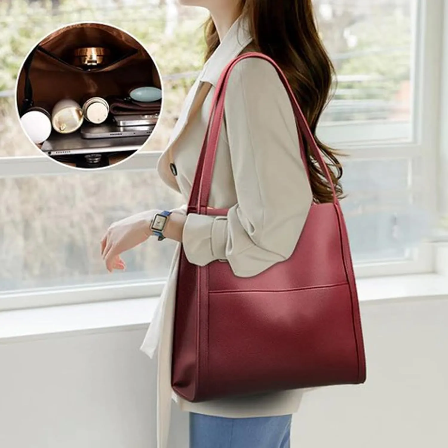 FETNHU Solid Color Simple Genuine Leather Shoulder Bag, Solid Color Simple Shoulder Bag for Women, Large Capacity Waterproof Handbag (Red)