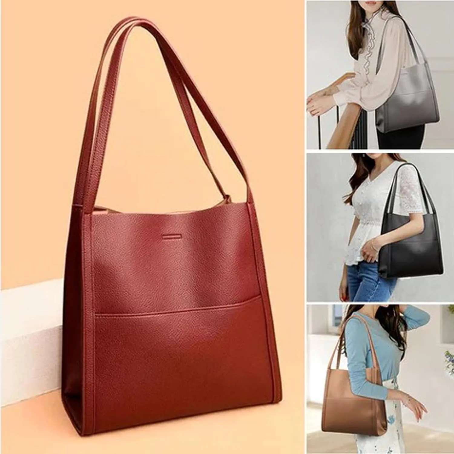 FETNHU Solid Color Simple Genuine Leather Shoulder Bag, Solid Color Simple Shoulder Bag for Women, Large Capacity Waterproof Handbag (Red)