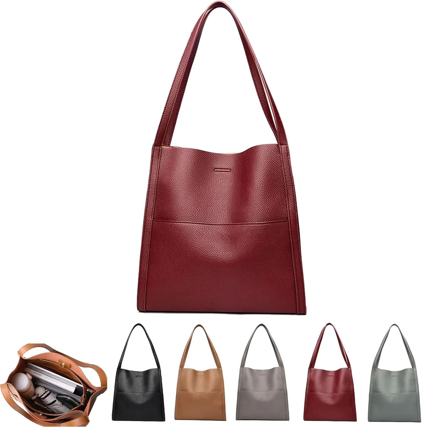 FETNHU Solid Color Simple Genuine Leather Shoulder Bag, Solid Color Simple Shoulder Bag for Women, Large Capacity Waterproof Handbag (Red)