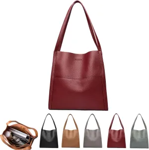 FETNHU Solid Color Simple Genuine Leather Shoulder Bag, Solid Color Simple Shoulder Bag for Women, Large Capacity Waterproof Handbag (Red)