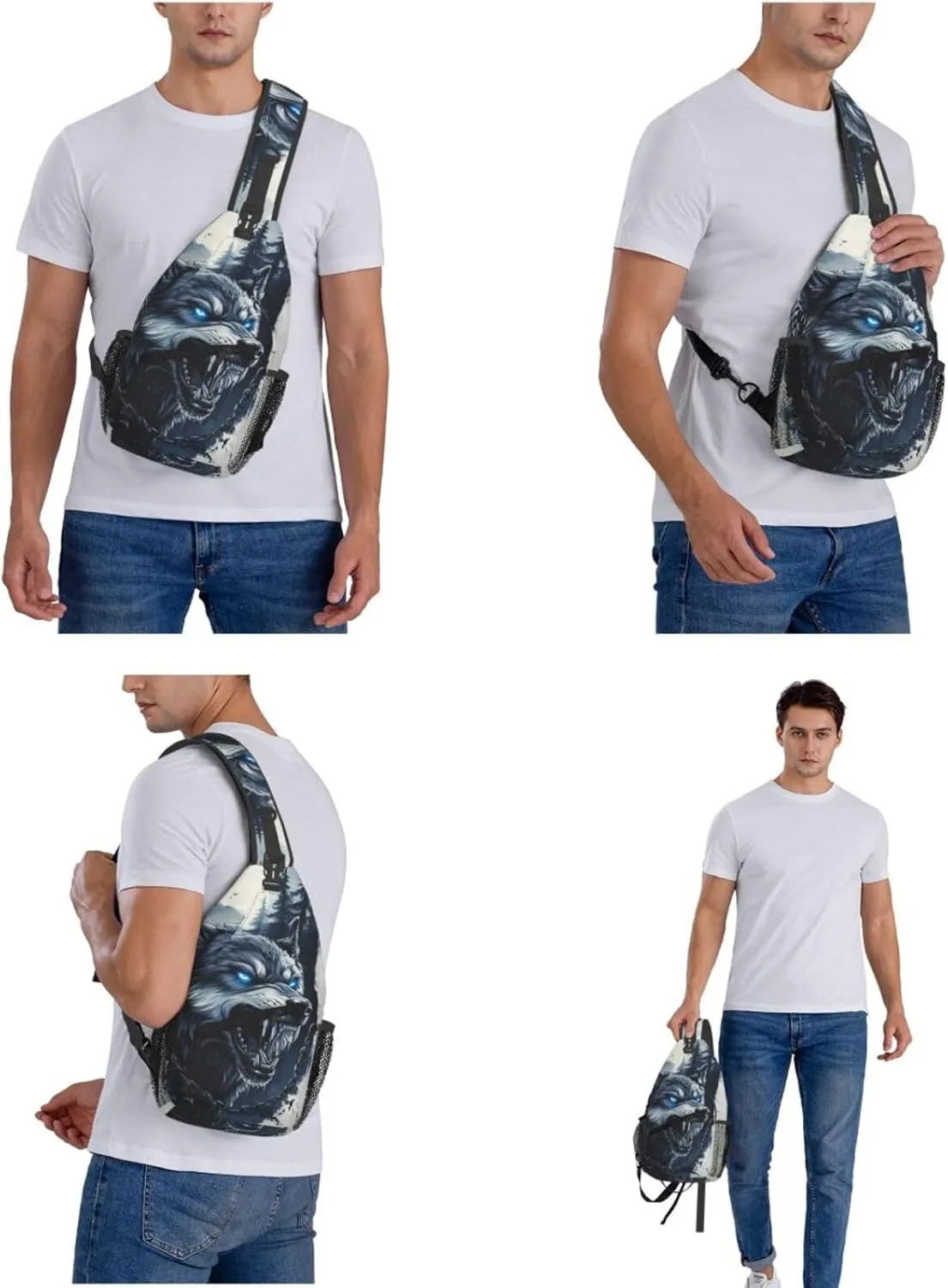 Fierce Wolf Crossbody Bag with Abstract Picture Fitness Sports Travel Hiking Backpack Cute Animal Print Chest Bag Shoulder Bag for Women and Men