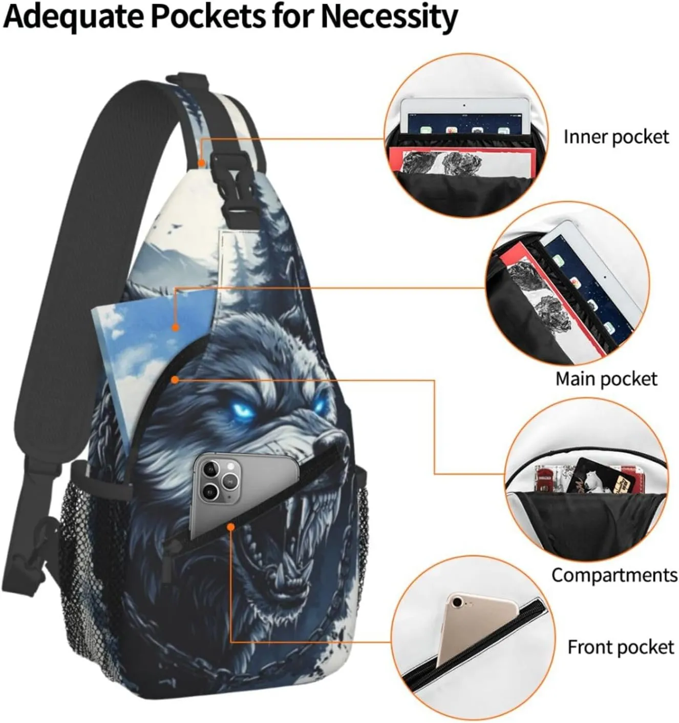 Fierce Wolf Crossbody Bag with Abstract Picture Fitness Sports Travel Hiking Backpack Cute Animal Print Chest Bag Shoulder Bag for Women and Men