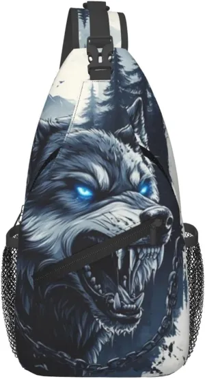 Fierce Wolf Crossbody Bag with Abstract Picture Fitness Sports Travel Hiking Backpack Cute Animal Print Chest Bag Shoulder Bag for Women and Men