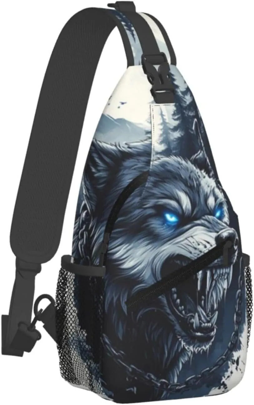 Fierce Wolf Crossbody Bag with Abstract Picture Fitness Sports Travel Hiking Backpack Cute Animal Print Chest Bag Shoulder Bag for Women and Men