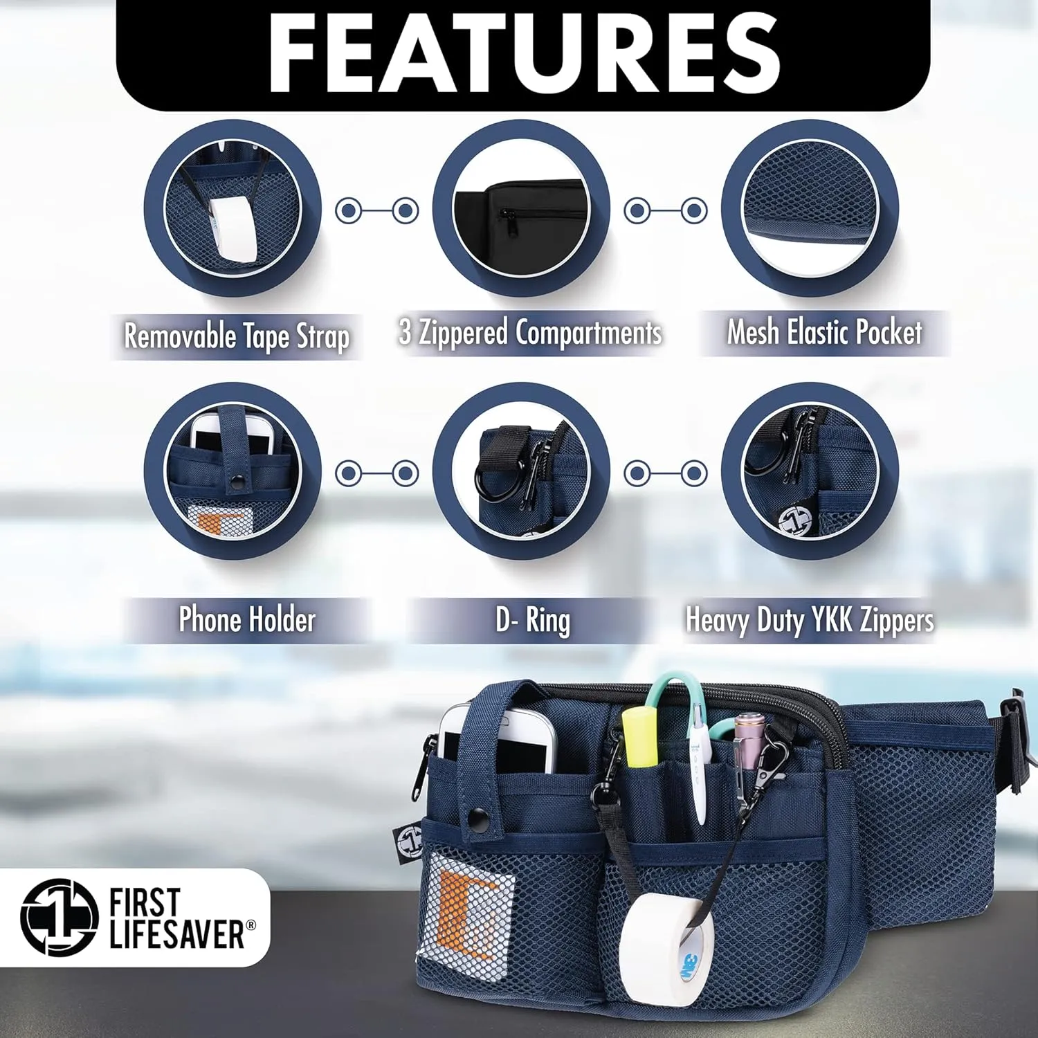 First Lifesaver Nurse Fanny Pack with Multi-Compartment and Tape Holder For Nurses and Nursing Students (Navy)