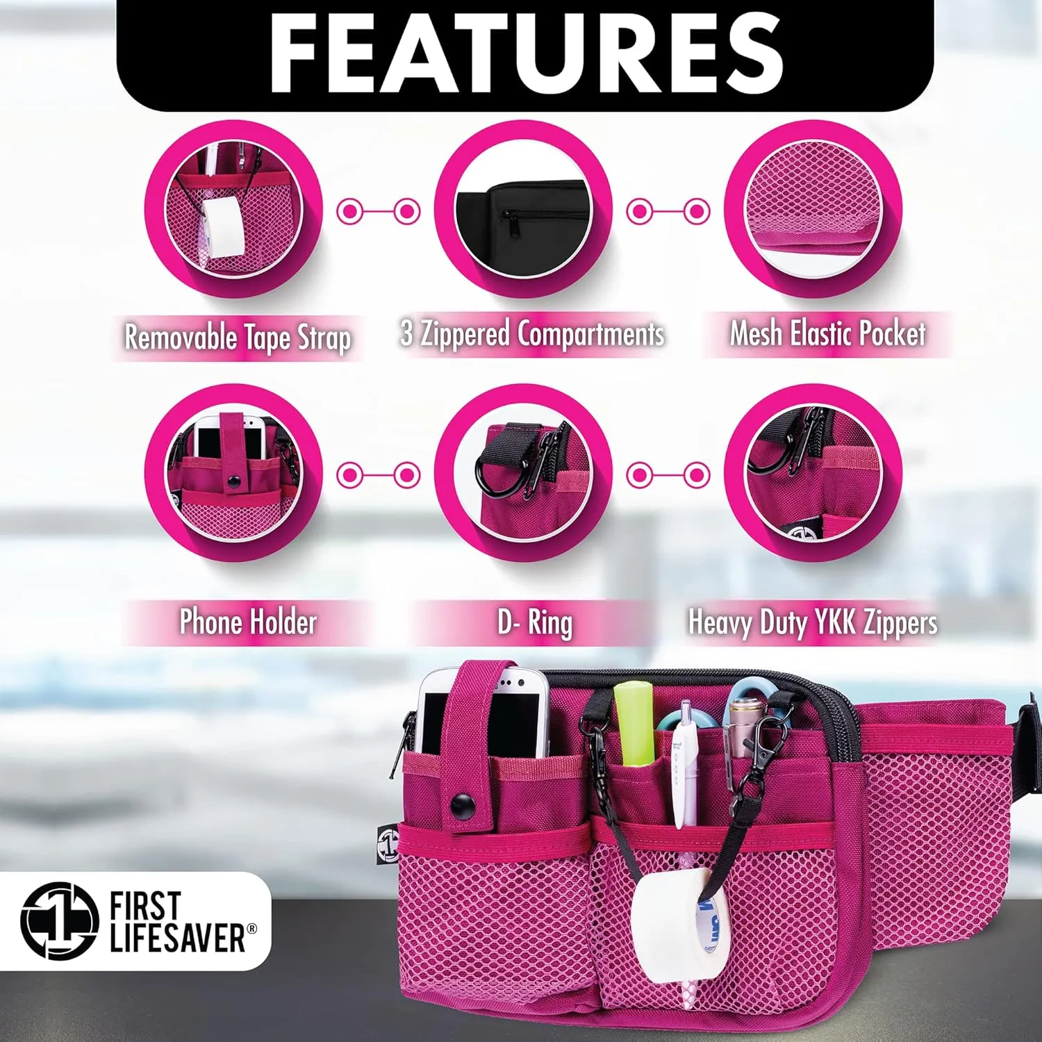 First Lifesaver Nurse Fanny Pack with Multi-Compartment and Tape Holder For Nurses and Nursing Students (Pink)