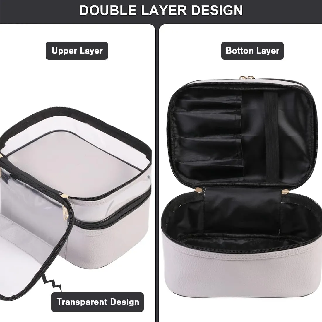 FITINI 3 Pieces Makeup Bags Double Layer Travel Large Cosmetic Cases Organizer Toiletry Bags Waterproof Small Zipper Pouch for Women Makeup Brush Storage Bag,Gray