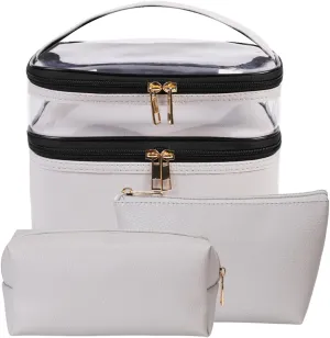 FITINI 3 Pieces Makeup Bags Double Layer Travel Large Cosmetic Cases Organizer Toiletry Bags Waterproof Small Zipper Pouch for Women Makeup Brush Storage Bag,Gray