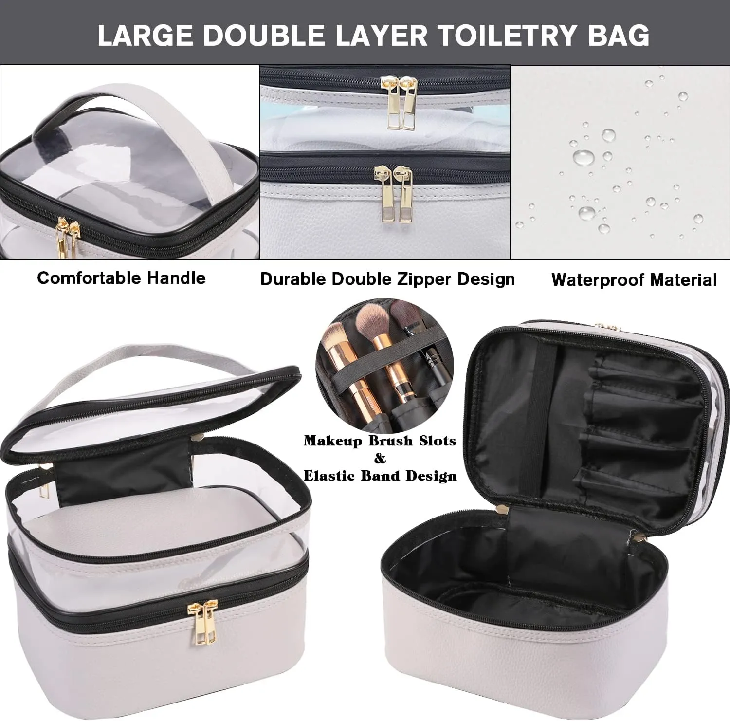 FITINI 3 Pieces Makeup Bags Double Layer Travel Large Cosmetic Cases Organizer Toiletry Bags Waterproof Small Zipper Pouch for Women Makeup Brush Storage Bag,Gray