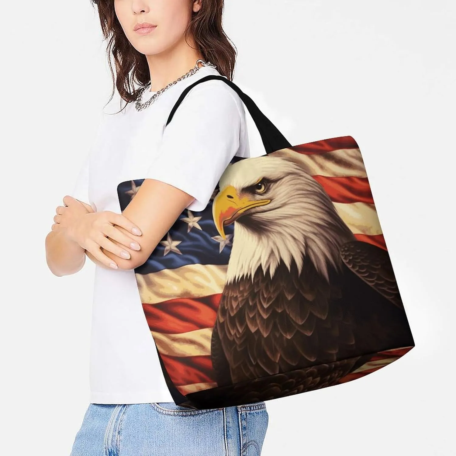 Flag And Eagle Tote Bag for Women Reusable Grocery Shoulder Bags Shopping Bag for Travel, Groceries