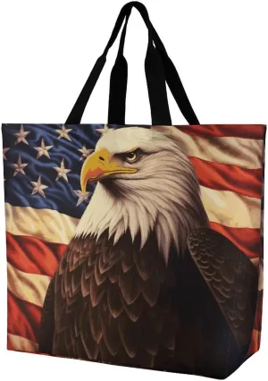 Flag And Eagle Tote Bag for Women Reusable Grocery Shoulder Bags Shopping Bag for Travel, Groceries