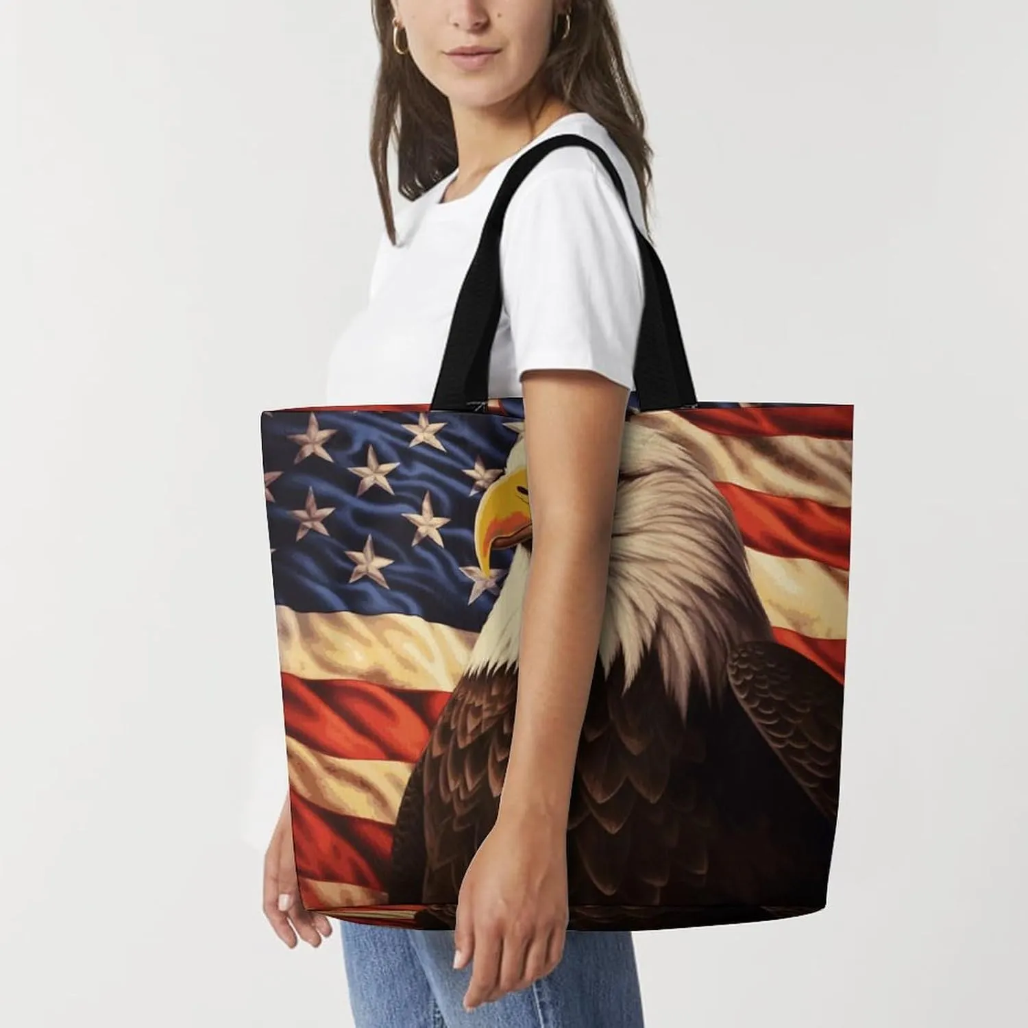 Flag And Eagle Tote Bag for Women Reusable Grocery Shoulder Bags Shopping Bag for Travel, Groceries