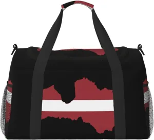 Flag Map Of Latvia Travel Duffel Bag Large Foldable Waterproof Overnight Bag For Beach Swim Bags Pool Sports Gym