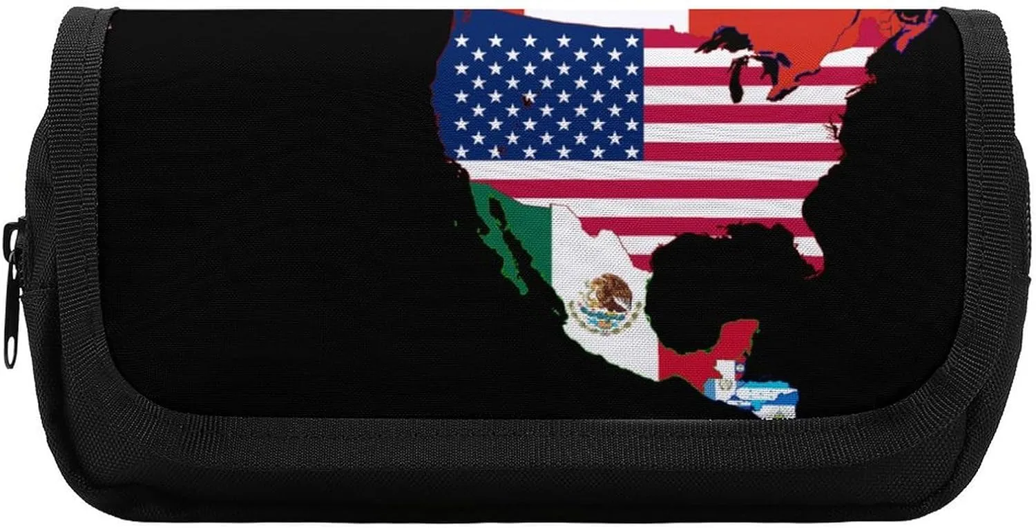 Flag Map of North America Funny Pencil Case Bag Double Pen Pouch Travel Makeup Cosmetic Organizer for Men Women