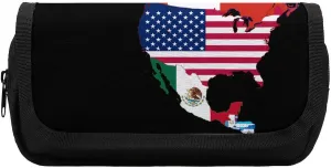 Flag Map of North America Funny Pencil Case Bag Double Pen Pouch Travel Makeup Cosmetic Organizer for Men Women