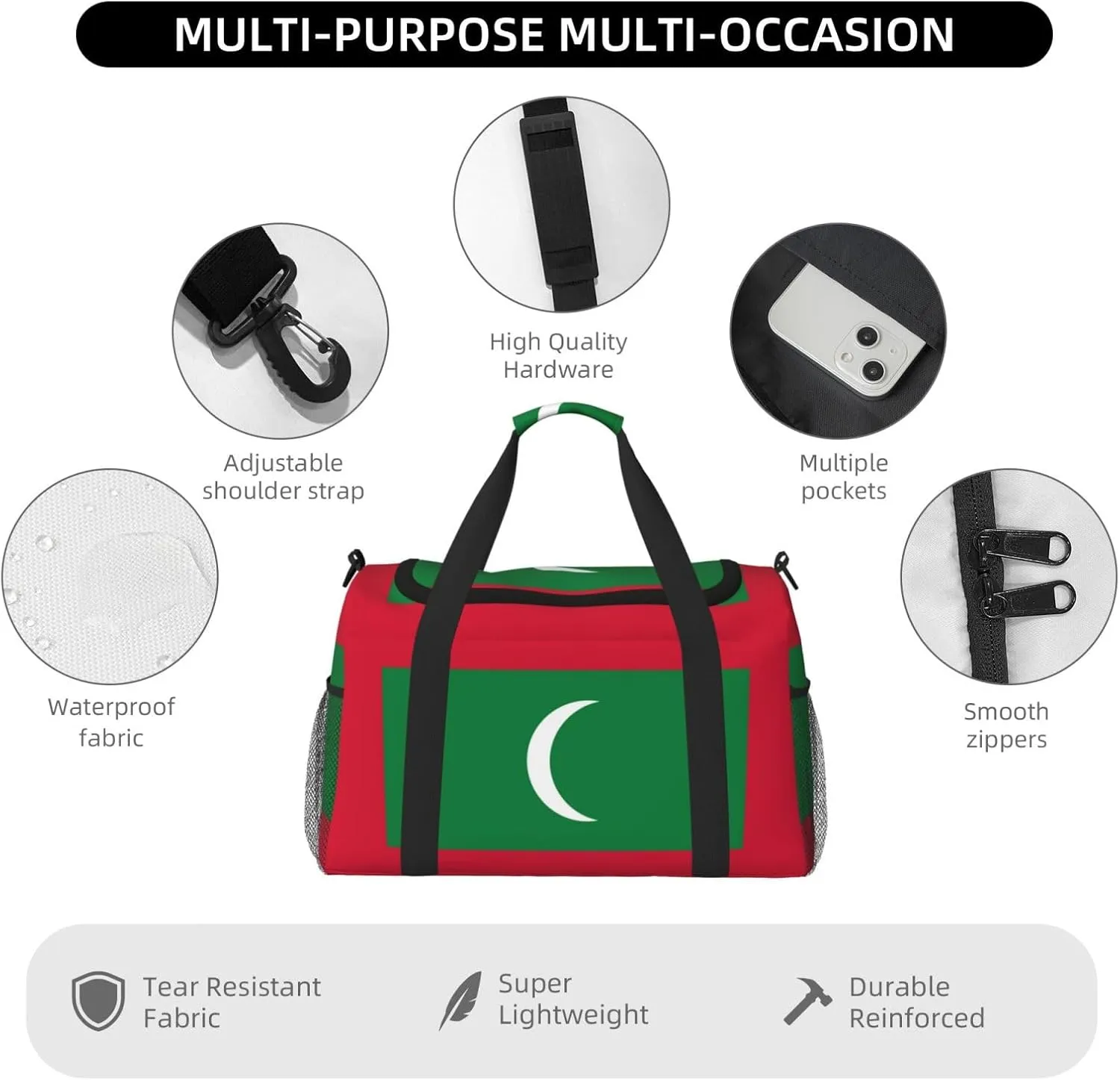 Flag Of Maldives Travel Duffel Bag Large Foldable Waterproof Overnight Bag For Beach Swim Bags Pool Sports Gym