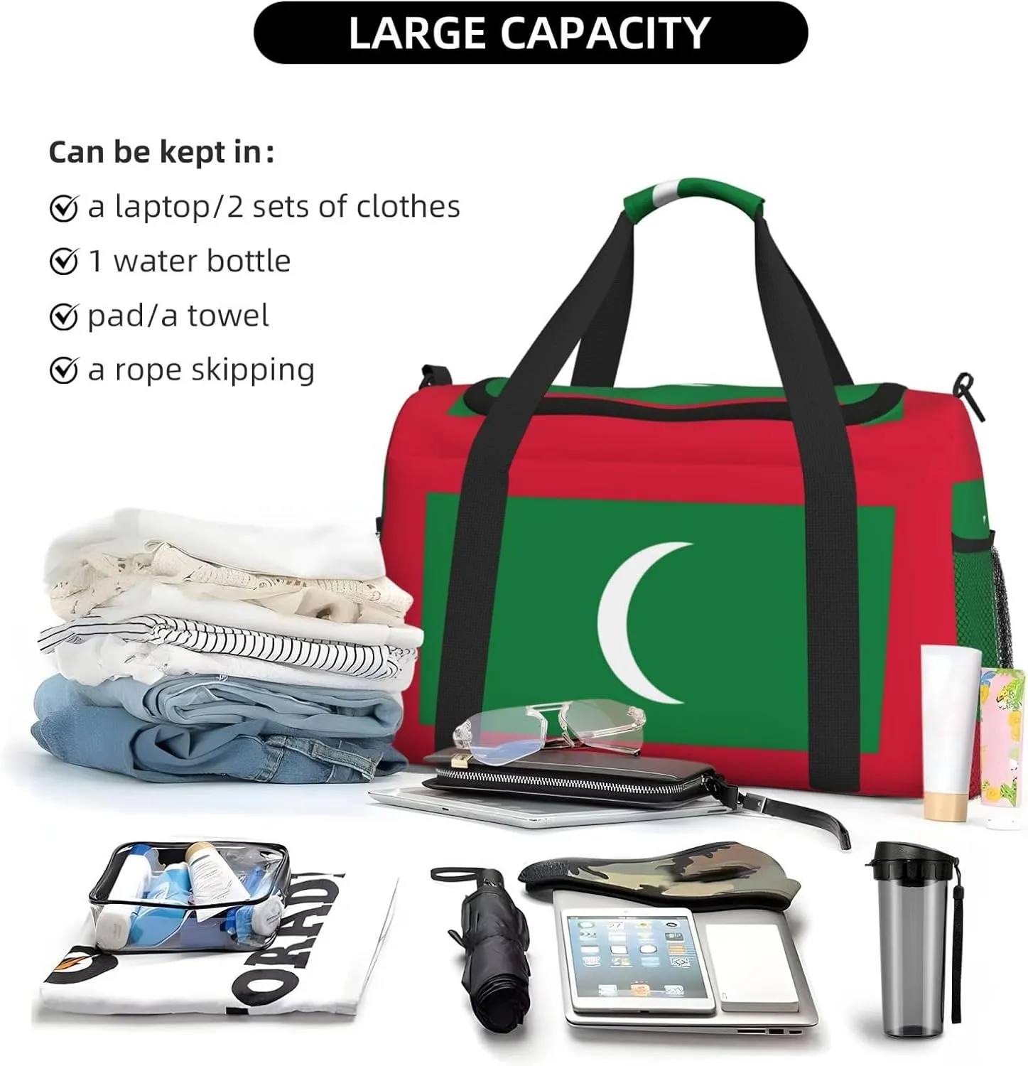 Flag Of Maldives Travel Duffel Bag Large Foldable Waterproof Overnight Bag For Beach Swim Bags Pool Sports Gym