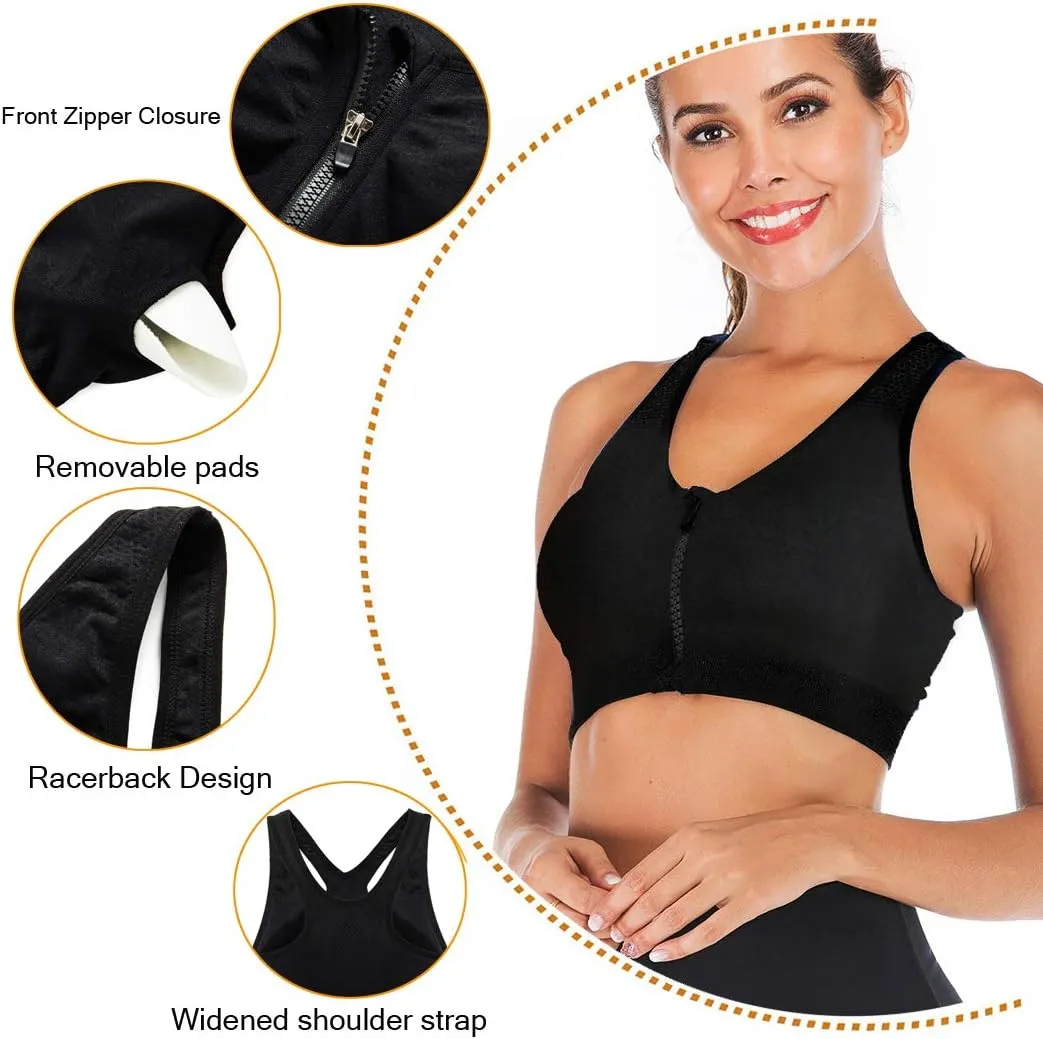 FLORATA Women's Zip Front Sports Bra Seamless Wirefree Post Surgery Bra Padded Sports Bras Yoga Bra with Removable Cups