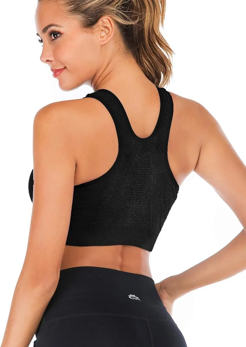 FLORATA Women's Zip Front Sports Bra Seamless Wirefree Post Surgery Bra Padded Sports Bras Yoga Bra with Removable Cups