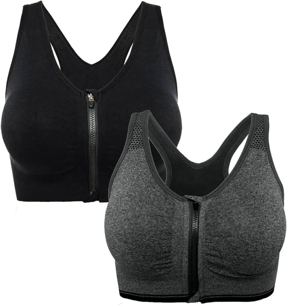 FLORATA Women's Zip Front Sports Bra Seamless Wirefree Post Surgery Bra Padded Sports Bras Yoga Bra with Removable Cups