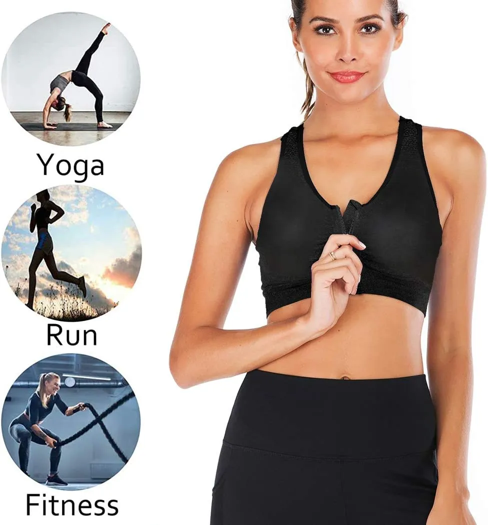 FLORATA Women's Zip Front Sports Bra Seamless Wirefree Post Surgery Bra Padded Sports Bras Yoga Bra with Removable Cups