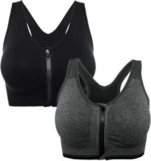 FLORATA Women's Zip Front Sports Bra Seamless Wirefree Post Surgery Bra Padded Sports Bras Yoga Bra with Removable Cups