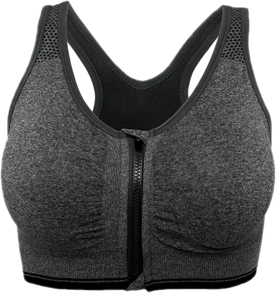 FLORATA Women's Zip Front Sports Bra Seamless Wirefree Post Surgery Bra Padded Sports Bras Yoga Bra with Removable Cups
