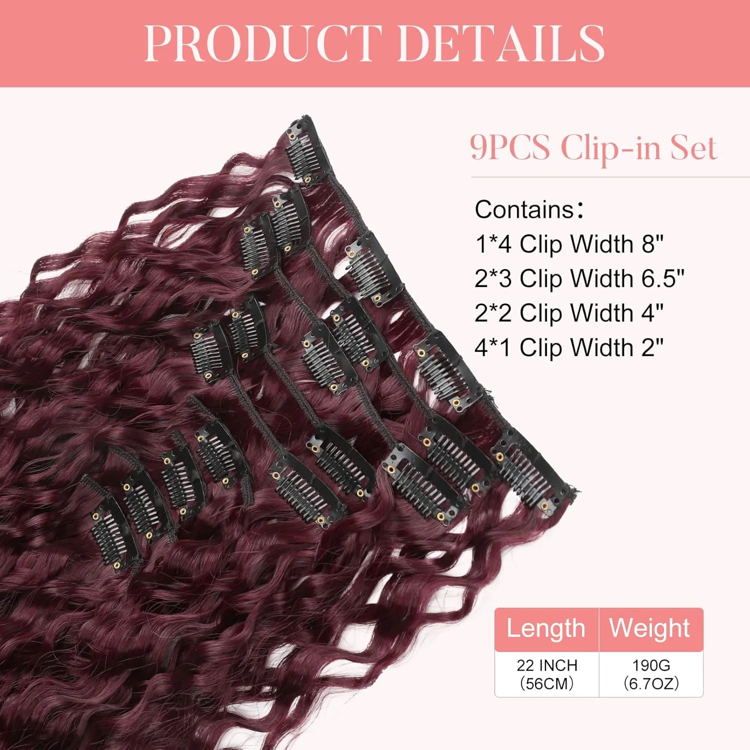 FLUFYMOOZ 9PCS Clip in Hair Extensions 22 Inch Curly Hair Extension Long Soft Synthetic Hairpieces for Women (Burgundy)