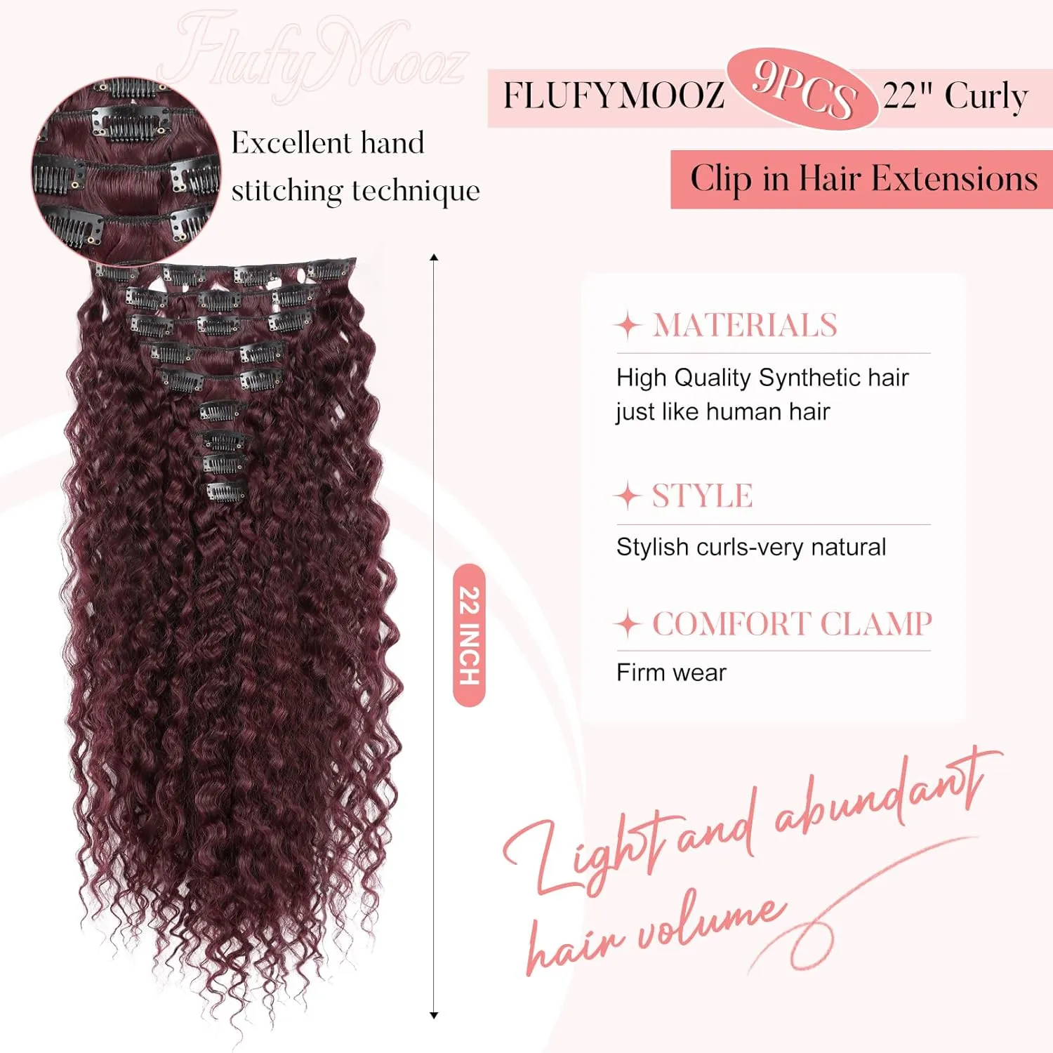 FLUFYMOOZ 9PCS Clip in Hair Extensions 22 Inch Curly Hair Extension Long Soft Synthetic Hairpieces for Women (Burgundy)