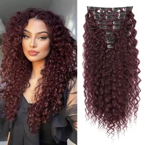 FLUFYMOOZ 9PCS Clip in Hair Extensions 22 Inch Curly Hair Extension Long Soft Synthetic Hairpieces for Women (Burgundy)