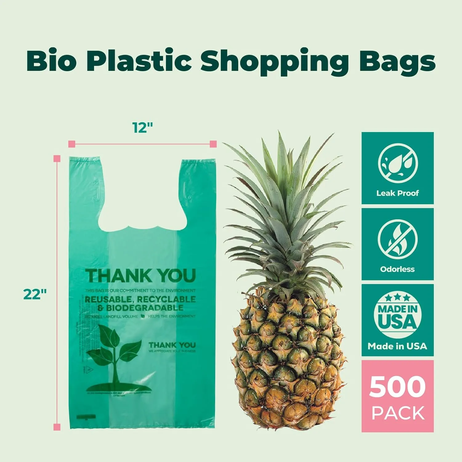 FMP Brands 500 Count Eco Biodegradable Plastic Grocery Bags With Handles, T-Shirt Thank You Shopping Bags, Reusable for Small Business, Restaurant, Groceries, Supermarket