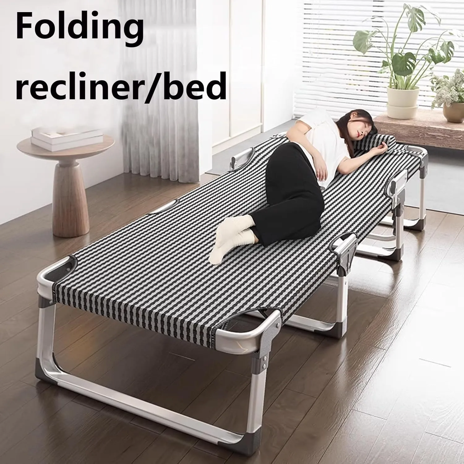 Fold Out Bed with A Mattress, 5-Position Reclining Backrest, Aluminum Alloy Square Tube Camping Cot, Quiet Support Chaise Lounge Chair 150kg Load Capacity(Gray)