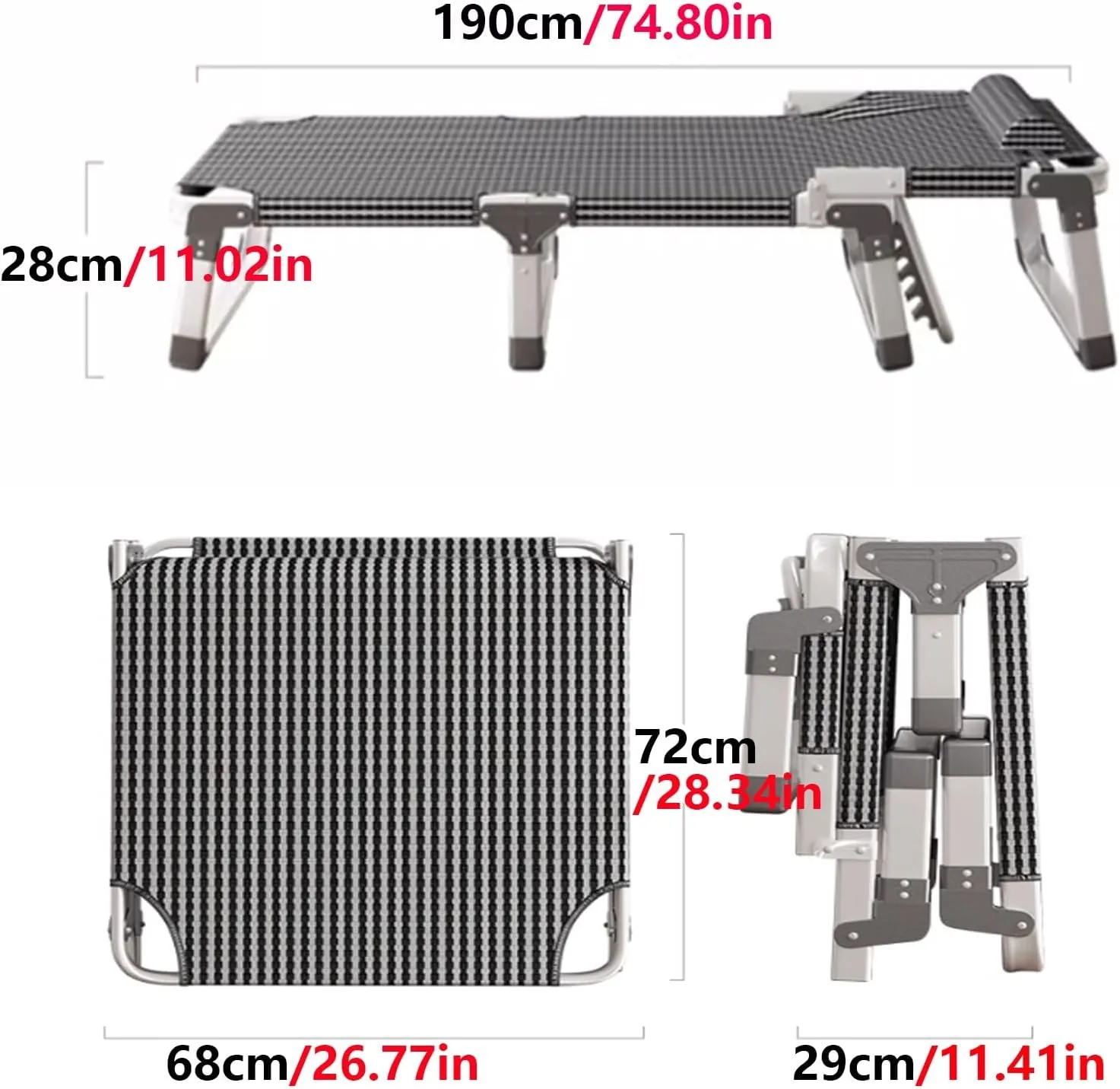 Fold Out Bed with A Mattress, 5-Position Reclining Backrest, Aluminum Alloy Square Tube Camping Cot, Quiet Support Chaise Lounge Chair 150kg Load Capacity(Gray)