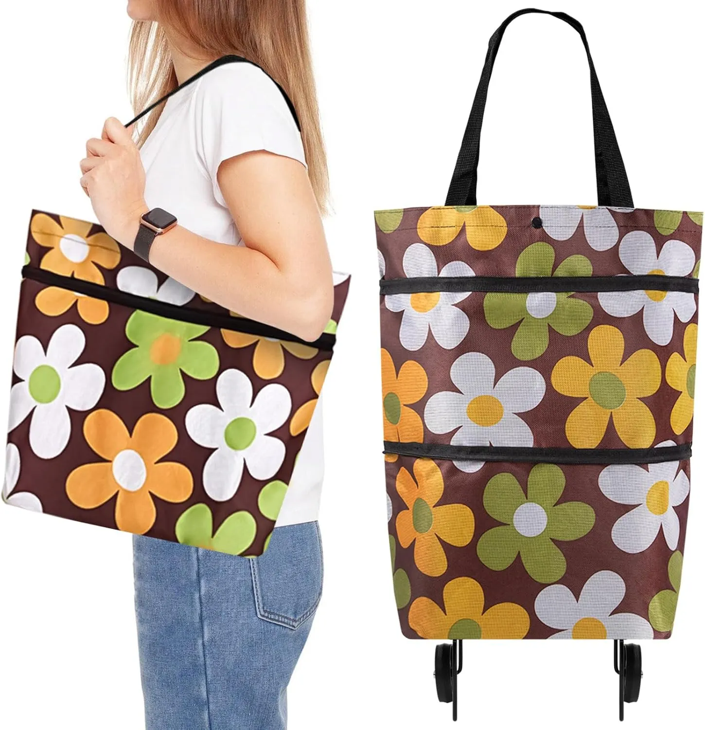 Foldable Shopping Trolley with Wheels - 2 in 1 Reusable Grocery Tote Bag for Travel