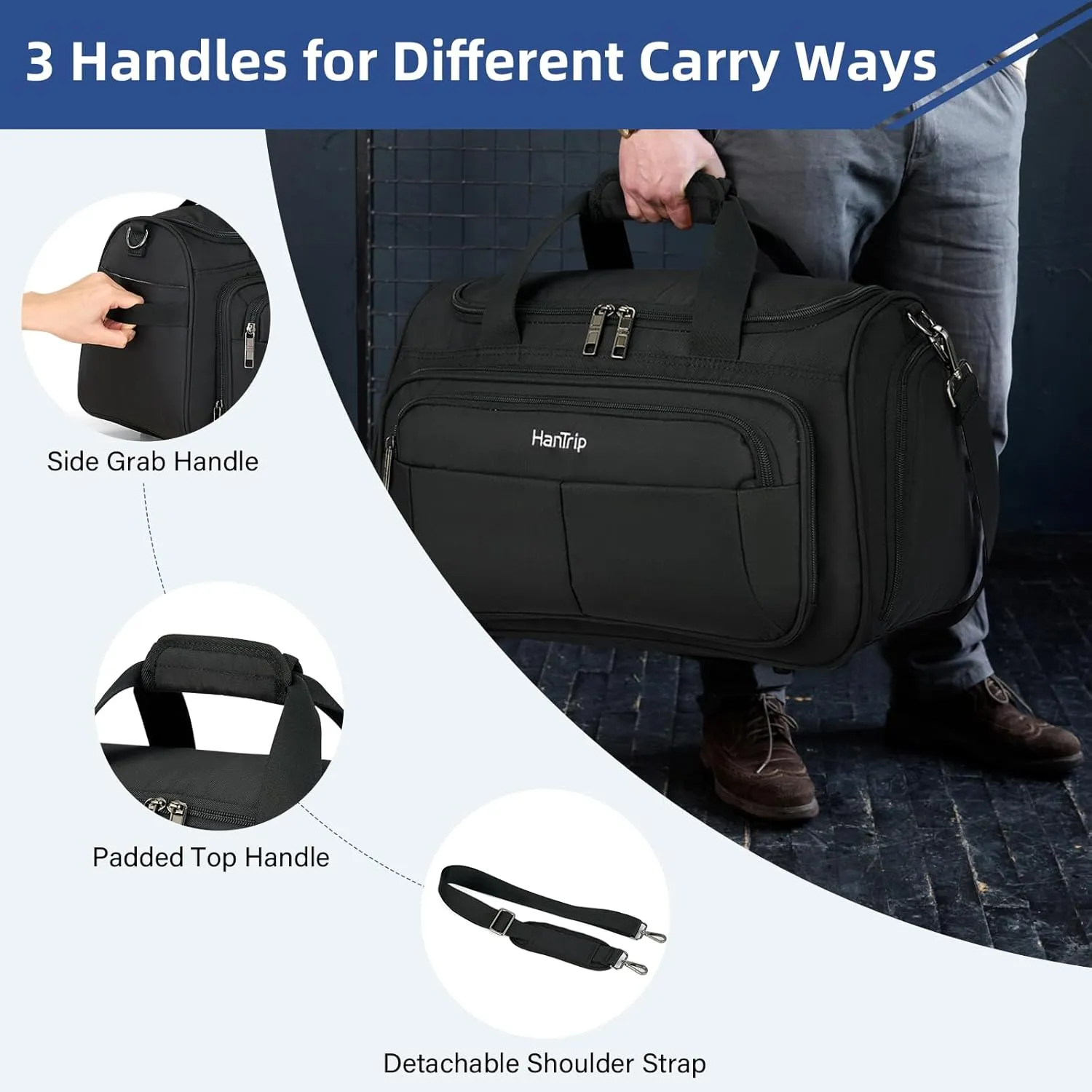 Foldable Underseat Carry On Luggage Bags for Travel Lightweight Overnight Weekender Bag for Women Men Travel Tote Bag (Black)