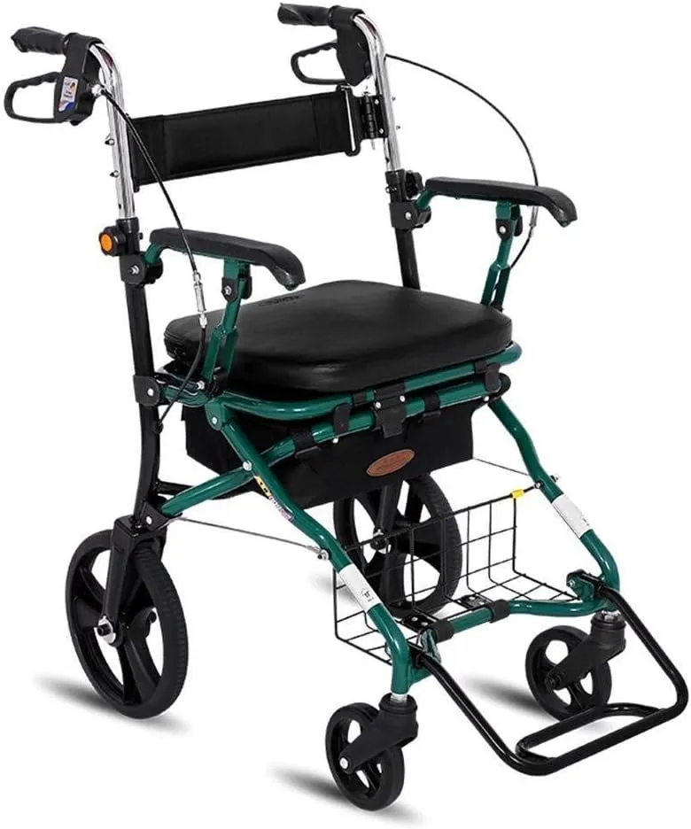 Folding Rollator Portable Elderly Trolley Aluminum Alloy Rollator Walker with Bag Shopping Stroller Scooter Fold Lightweight 4 Wheels Double Brake System