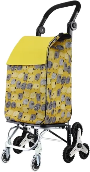Folding Shopping Cart, Foldable Detachable 6 Rubber Wheels 2 Swivel Casters Shockproof Climbing Stair Heavy Duty Trolley Bag Grocery Utility Carts(Yellow)