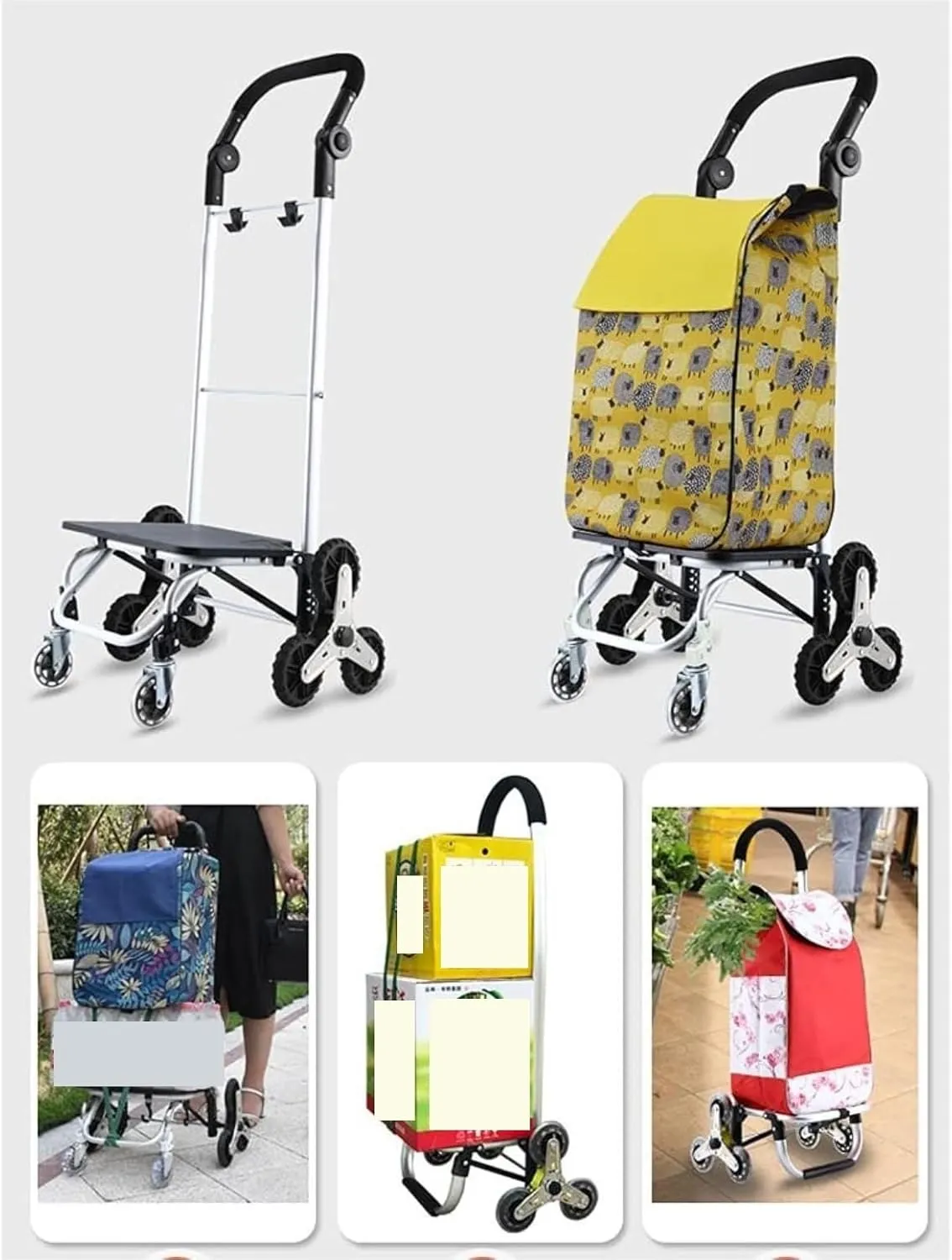 Folding Shopping Cart, Foldable Detachable 6 Rubber Wheels 2 Swivel Casters Shockproof Climbing Stair Heavy Duty Trolley Bag Grocery Utility Carts(Yellow)