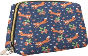 Fox Waterproof leather cosmetic bag,Animal Floral Strawberry,large capacity and easy to care for carefor storing cosmetics, toiletries, makeup brushes,Dark Multicolor