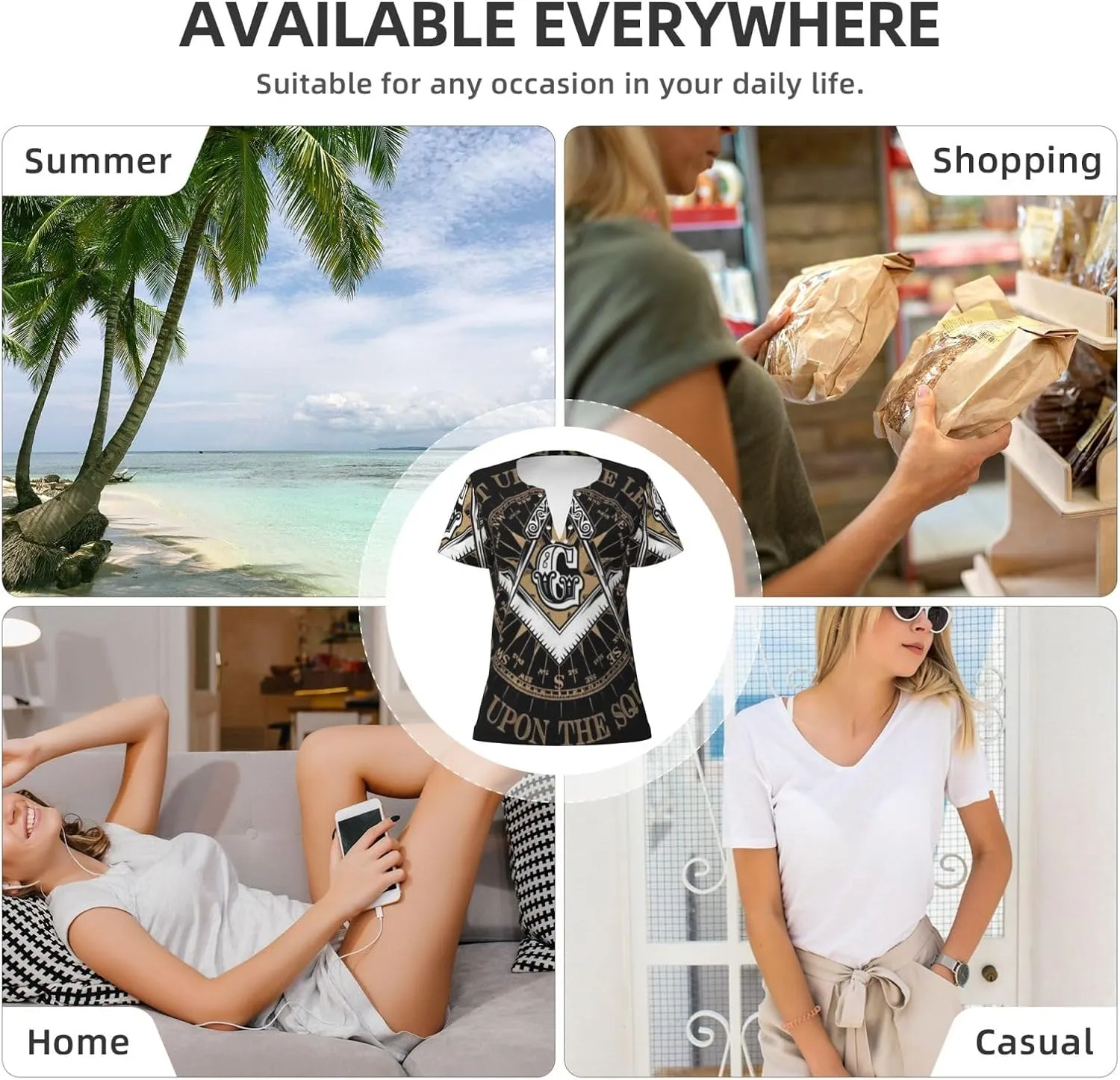 Freemasonry Masonic Lodge Symbol Logo Women's V Neck Short Sleeve Tops Summer Casual Cute Fashion Button T Shirts