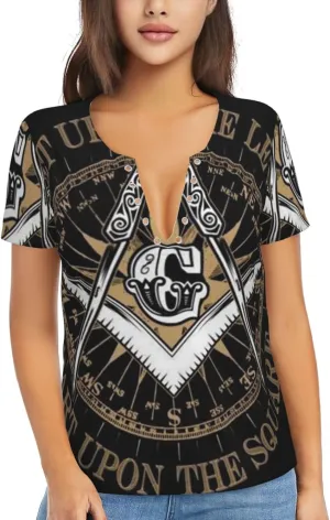 Freemasonry Masonic Lodge Symbol Logo Women's V Neck Short Sleeve Tops Summer Casual Cute Fashion Button T Shirts